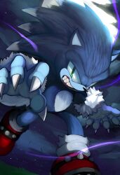  1boy absurdres animal_nose black_nose blue_fur commentary english_commentary fingernails full_moon furry furry_male green_eyes hedgehog_boy highres moon mutekiren night red_shoes sharp_fingernails sharp_teeth shoes sonic_(series) sonic_the_hedgehog sonic_the_werehog sonic_unleashed spiked_shoes spikes teeth werehog 
