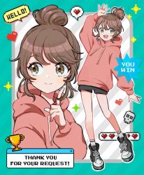  1girl aqua_border bare_legs black_shoes black_shorts border brown_eyes brown_hair closed_mouth commentary commission drawstring english_text hair_bun hand_up heart highres hood hood_down hoodie index_finger_raised long_sleeves looking_to_the_side multicolored_shoes multiple_views nmiznm open_hand open_mouth original outside_border pink_hoodie pixel_art_inset shoes short_shorts shorts sideways_glance skull smile sneakers socks sparkle speech_bubble spoken_heart striped_background thank_you two-tone_shoes white_shoes white_socks 