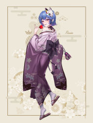  1girl absurdres alternate_costume blue_hair brown_sandals candy_apple chinese_commentary commentary_request floral_background floral_print floral_print_kimono food fox_mask full_body hair_ornament heart heart_hair_ornament highres holding holding_candy_apple holding_food inset_border japanese_clothes kimono kinchaku looking_at_viewer mask mask_on_head missing_wings obi outside_border pointy_ears pouch print_kimono red_eyes remico remilia_scarlet sandals sash socks solo touhou violet_eyes white_socks wide_sleeves 
