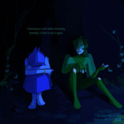  2girls barefoot blue_hair blue_skin bracelet colored_skin commentary dress english_commentary gem_(steven_universe) green_hair highres homeworld_gem_uniform jewelry lapis_lazuli_(thefaeriemerchant) multiple_girls original peridot_facet_6c4t_cut_2xj sitting smile steven_universe thefaeriemerchant 