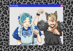  2boys alternate_costume anger_vein angry animal_ears apron axel_syrios black_apron black_dress black_nails blonde_hair blue_bow blue_bowtie blue_dress blue_hair bow bowtie cat_ears chain chain_leash clenched_hands closed_eyes collar collared_dress constricted_pupils crossdressing crossdressing_(mtf) dog_ears dress english_text fake_animal_ears fake_transparency fangs frilled_wrist_cuffs frills highres holding holding_leash holostars holostars_english leash maid maid_apron maid_headdress male_focus male_maid medium_hair multicolored_hair multiple_boys nail_polish open_mouth petermann puffy_short_sleeves puffy_sleeves red_hair red_streaks regis_altare short_hair short_sleeves streaked_hair upper_body virtual_youtuber white_apron window_(computing) wrist_cuffs 