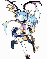  1boy 1girl absurdres armor bandage_on_face bandage_on_leg bandage_over_one_eye bandages blue_eyes blue_gloves blue_hair blue_shoes blue_skin blue_skirt boots cape collared_cape colored_skin crossover demon_wings flying fortissimo galaxia_(sword) gauntlets gloves greaves hair_ornament hairclip highres holding holding_sword holding_weapon kirby_(series) leg_up long_sleeves looking_at_viewer magical_girl mahou_shoujo_madoka_magica mahou_shoujo_madoka_magica:_walpurgis_no_kaiten mask medium_hair melt74888829 meta_knight miki_sayaka miki_sayaka_(magical_girl) musical_note musical_note_hair_ornament purple_boots shoes simple_background single_thighhigh skirt standing standing_on_one_leg sword thighhighs two-tone_skirt void_face weapon white_background white_cape white_skirt white_thighhighs wings 