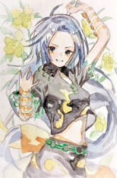  1girl absurdres arm_ribbon back_bow black_shirt black_skirt blue_hair bow breasts commentary_request flower flower_request grin highres himemushi_momoyo holding holding_pickaxe long_hair looking_at_viewer midriff_peek navel navybluesparrow orange_bow orange_ribbon painting_(medium) pickaxe ribbon shirt short_sleeves skirt small_breasts smile solo touhou traditional_media very_long_hair watercolor_(medium) yellow_flower 