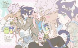 4boys ahoge animal_ear_fluff animal_ears annoyed backpack bag bandaid bandaid_hair_ornament bandaid_on_knee bandaid_on_leg bandaid_on_neck bandana belt_buckle black_eyes black_fur black_pants black_ribbon black_shirt black_shoes blue_bag blue_eyes blue_hair blue_ribbon blue_shorts blue_socks blush blush_stickers bow brown_jacket buttons cat cat_boy cat_ears cat_tail character_name character_print chestnut_mouth closed_mouth collarbone collared_shirt commentary commentary_request cowboy_shot creature crime_prevention_buzzer denim denim_shorts different_zoom_layer english_text fang fingerless_gloves fingernails fish fish_bone fish_bone_hair_ornament food food-themed_hair_ornament food_in_mouth frills fur-trimmed_shoes fur_trim gloves green_skinn gundam gundam_tekketsu_no_orphans hair_between_eyes hair_intakes hand_on_another's_shoulder hand_on_own_face head_rest head_tilt headphones headphones_around_neck heart highres holding holding_bow holding_bow_(ornament) in_bag jacket keychain knee_up kneehighs kuchipatchi lace legs_apart light_blush long_sleeves looking_at_another looking_at_viewer mametchi medal mikazuki_augus one_eye_closed onigiri onigiri_hair_ornament open_clothes open_mouth orga_itsuka outline pants partial_commentary pink_background pink_bow pink_fur pink_gloves pink_hair pink_outline pink_ribbon plastic_bag polka_dot polka_dot_ribbon red_bag red_bandana ribbon scarf scarf_bow shirt short_hair shorts simple_background sitting sitting_on_person solid_oval_eyes spiked_hair spitting striped striped_ribbon striped_socks stuffed_animal stuffed_cat stuffed_toy tail tail_ornament tail_ribbon tamagotchi tamagotchi_(creature) tamagotchi_(virtual_pet) tan teeth thick_eyebrows tongue torn_clothes torn_pants translated trap ufo upper_teeth_only v-shaped_eyes virtual_pet_(toy) whistle white_background white_jacket white_ribbon white_shirt white_socks writing yaoi yellow_eyes yellow_skin yonsan384066 zipper zipper_pull_tab zoom_layer