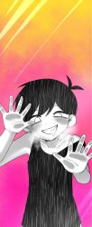  1boy against_glass antenna_hair black_hair black_tank_top blush collarbone commentary_request double-parted_bangs drooling grin hair_between_eyes heavy_breathing highres looking_at_viewer male_focus mouth_drool nana_(papapaimon) omori omori_(omori) open_mouth smile solo tank_top teeth white_eyes 