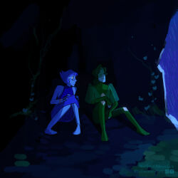  2girls barefoot blue_hair blue_skin colored_skin commentary dress english_commentary full_body gem_(steven_universe) highres homeworld_gem_uniform lapis_lazuli_(thefaeriemerchant) multiple_girls original peridot_facet_6c4t_cut_2xj sketch smile steven_universe thefaeriemerchant 