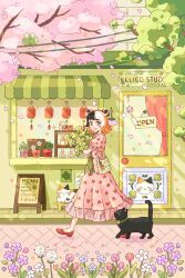  1girl awning bag bird black_cat black_hair blue_flower blush building calico_(pattern) calico_cat cat cherry_blossoms clover commentary door double_bun dress english_commentary english_text eyelashes flower flower_pot food_print four-leaf_clover fruit_print full_body green_bag green_eyes hair_bun handbag hanging_lantern highres holding holding_clover kelico_studio lantern medium_hair menu_board multicolored_hair open_sign orange_hair original outdoors paper_lantern petals pink_dress pink_flower pink_petals plant potted_plant power_lines print_dress puffy_short_sleeves puffy_sleeves red_shoes shoes short_sleeves sign smile solo sparkle strawberry_print tree walking white_flower white_hair 