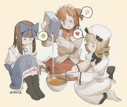  3girls ascot black_bow black_bowtie black_socks blonde_hair blue_bow blue_dress bow bowl bowtie brown_eyes brown_hair chinese_commentary commentary_request cup dress drill_hair frilled_sleeves frills hair_bow hat headdress heart holding holding_cup light_bulb long_hair long_sleeves luna_child medium_hair multiple_girls open_mouth orange_hair pouring red_skirt seiza shi_yu_mu_xi shirt sitting skirt smile socks spoken_expression spoken_heart spoken_light_bulb star_sapphire sunny_milk touhou violet_eyes white_dress white_hat white_shirt white_socks wide_sleeves yellow_ascot yellow_background 