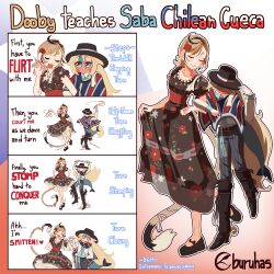  absurdres ahoge animal_ear_fluff animal_ears black_boots black_shoes blonde_hair blue_eyes blue_streaks blush boots buruhas cat_ears chile closed_eyes dancing dooby dress english_text floral_print floral_print_dress flower full-face_blush hair_flower hair_ornament handkerchief hat heart highres indie_virtual_youtuber jerboa_tail long_hair multicolored_hair poncho print_dress sameko_saba shoes streaked_hair tail_tuft virtual_youtuber 