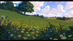  clouds cloudy_sky commentary cumulonimbus_cloud dandelion english_commentary field flower flower_field grass highres horizon mathias_zamecki meadow nature no_humans original outdoors plant plant_focus scenery sky tree 