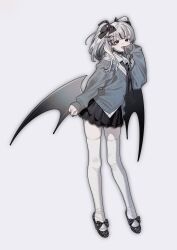  1girl bat_wings black_bow black_choker black_eyes black_nails black_necktie black_shoes bow cardigan choker collared_shirt fang grey_cardigan grey_hair hair_bow highres lace-trimmed_choker lace-trimmed_skirt lace_trim layered_skirt long_sleeves loose_necktie multicolored_hair nail_polish nanoka_san necktie open_mouth original pleated_skirt polka_dot_necktie shirt shoes simple_background skirt sleeves_past_wrists smile solo standing thigh-highs twintails white_background white_hair white_shirt white_thighhighs wings zettai_ryouiki 