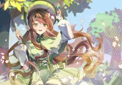  1girl :d absurdres artist_request bow brown_hair capelet chinese_commentary commentary_request commission corset degrees_of_lewdity floating_flowers floating_hair flower_swing freckles green_capelet green_corset green_eyes green_skirt hands_up highres long_hair long_sidelocks long_sleeves on_swing outdoors parted_bangs puffy_long_sleeves puffy_sleeves robin_(degrees_of_lewdity) robin_(female)_(degrees_of_lewdity) second-party_source shirt sidelocks skirt skirt_bow smile solo swing tree upper_body wavy_hair white_shirt 
