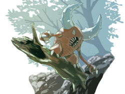  bug claws commentary_request fangs fusenryo horns looking_at_viewer one-hour_drawing_challenge open_mouth pinsir pokemon pokemon_(creature) pokemon_focus sitting_on_branch spiked_horns stag_beetle tree 