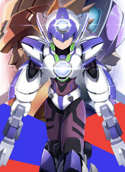  3boys absurdres armor axl_(mega_man) axl_bullets brown_hair chest_jewel closed_mouth commentary_request cross_scar evil_smile finger_on_trigger forehead_jewel from_side gloves green_eyes gun helmet highres holding holding_gun holding_weapon looking_at_viewer lumine_(mega_man) mega_man_(series) mega_man_x_(series) multiple_boys purple_hair red_(mega_man_x) red_helmet scar serious smile spiky_hair weapon white_armor white_axl_(mega_man) white_gloves white_helmet zelitto 