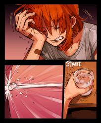  1girl bandaid bandaid_on_arm bandaid_on_hand closed_eyes commentary cup highres holding holding_cup ki2ri5 motion_lines nami_(one_piece) one_piece orange_hair parted_lips shirt short_hair short_sleeves single_sidelock teeth throwing trembling white_shirt 