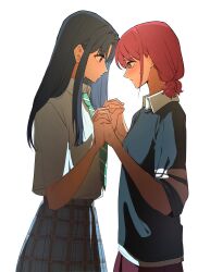  2girls absurdres aqua_necktie awa_subaru backlighting black_hair bloom blue_eyes blue_skirt blue_sweater closed_mouth collared_shirt commentary couple cowboy_shot diagonal-striped_clothes diagonal-striped_necktie eye_contact from_side girls_band_cry highres holding_hands interlocked_fingers iseri_nina long_hair looking_at_another multiple_girls necktie plaid_clothes plaid_skirt profile red_hair shirt short_hair short_sleeves simple_background skirt standing straight_hair striped_clothes striped_necktie sweat sweater three-quarter_sleeves violet_eyes white_background white_shirt yuri yuri_mandu 