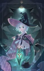  1boy absurdres ateliermineru black_hat bow bowtie coat coat_on_shoulders collared_shirt commentary_request curtains feet_out_of_frame frilled_sleeves frills full_moon green_coat green_eyes green_pants hat highres holding holding_lantern lantern light_particles looking_at_viewer male_focus moon moonlight night open_mouth orange_coat orange_hat pants puyopuyo puyopuyo_quest rozatte_(outlander)_(puyopuyo) rozatte_(puyopuyo) shirt short_hair smile solo standing star_(sky) suspenders two-sided_coat two-sided_fabric two-sided_headwear white_hair white_shirt yellow_bow yellow_bowtie 