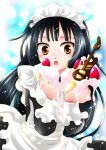  alternate_costume bad_id black_hair cake enmaided food fruit guitar halogen_heater icing instrument k-on! long_hair maid orange_eyes solo strawberry 