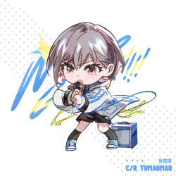  1girl bang_dream! bang_dream!_it's_mygo!!!!! black_shorts black_socks blue_shoes brown_eyes chibi chibi_only commentary_request full_body grey_hair highres holding holding_microphone jacket leaning_forward microphone shoes short_hair shorts singing socks solo speaker standing takamatsu_tomori tumaomao v-shaped_eyebrows white_background white_jacket 