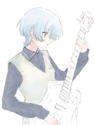  1girl bang_dream! bang_dream!_yumemita blue_hair blue_shirt electric_guitar guitar highres holding holding_guitar holding_instrument instrument long_sleeves minetsuki_ritsu minetsuki_ritsu_(real) playing_guitar playing_instrument rzprsx shirt short_hair simple_background solo vest white_vest 