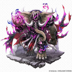  1boy absurdres animal_ears armor barefoot black_knight_(fire_emblem) black_knight_(sword_spirit)_(fire_emblem) cape commentary copyright_notice dark_persona elephant_boy elephant_ears elephant_tail english_commentary facing_viewer fire_emblem fire_emblem_shadows furry furry_male hagiya_kaoru highres male_focus official_alternate_costume official_art second-party_source tail torn_cape torn_clothes tusks 