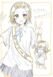  ! !! 1girl :o birthday blue_skirt blush blush_stickers border brown_hair collared_shirt commentary_request dot_nose double_v drumsticks hair_between_eyes hairband happy_birthday highres holding holding_drumsticks invisible_floor k-on! kneeling looking_at_viewer milk_m0000 multiple_views no_hairband orange_border orange_outline outline outside_border shirt short_hair short_sleeves single_blush_sticker skirt socks tainaka_ritsu upper_body v v-shaped_eyebrows white_shirt yellow_hairband 