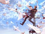  angel_wings animal arms_up artist_request axis_powers_hetalia bad_id bird brown_hair character_request closed_eyes cloud cross drop eyes_closed feathers flower flying formal happy highres male necktie outstretched_arms pants rose shoes short_hair sitting sky source_request spain_(hetalia) statue suit tuxedo walking wings 