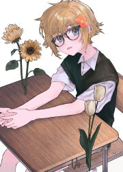  1boy absurdres basil_(faraway)_(omori) basil_(omori) bespectacled black-framed_eyewear blonde_hair blue_eyes cardigan collared_shirt commentary_request desk flower glasses green_cardigan green_sweater_vest hair_flower hair_ornament highres kanaraki looking_at_viewer male_focus omori open_mouth school_desk shirt short_hair sidelocks simple_background solo sunflower sweater_vest tulip white_background white_flower white_shirt white_tulip 
