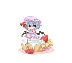  1girl alternate_wings bad_id blue_hair cake chibi eiri_(eirri) food fork fruit hat highres in_food minigirl pastry remilia_scarlet short_hair smirk solo standing strawberry touhou wings 