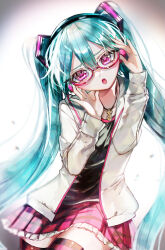  1girl absurdres adjusting_eyewear aqua_hair aqua_nails black_shirt commentary_request cowboy_shot hair_between_eyes hair_ornament hand_on_eyewear hatsune_miku head_tilt highres jacket jewelry long_hair looking_at_viewer necklace open_mouth pink-framed_eyewear pink_eyes pink_skirt pink_trim round_eyewear shirt simple_background skirt solo thigh-highs tojirou_(usagi31415) twintails very_long_hair vocaloid white_background white_jacket zettai_ryouiki 