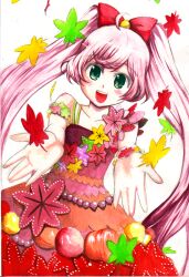  1girl ahoge alternate_hair_color autumn_leaves blush_stickers bow commentary_request dress dutch_angle green_eyes leaf long_hair manaka_laala matsubara_tsuyoshi multicolored_dress open_hands painting_(medium) pink_hair pretty_series pripara reaching reaching_towards_viewer red_bow solo traditional_media twintails upper_body very_long_hair watercolor_(medium) 