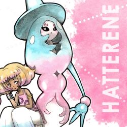  1girl :o armlet big_hair blonde_hair bright_pupils brown_eyes character_name collarbone colored_tips commentary cropped dynamax_band english_commentary eyelashes floral_print hatterene highres jewelry mofinngram multicolored_hair open_mouth original outline pants pink_hair pink_tank_top pokemon pokemon_(creature) print_tank_top sitting tank_top two-tone_hair white_outline white_pants white_pupils 