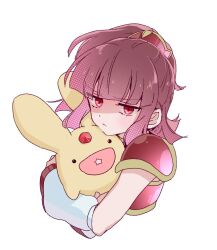  1girl arm_warmers armor ateliermineru blunt_bangs brown_hair carbuncle_(puyopuyo) character_doll chest_guard closed_mouth commentary_request cropped_torso doll doppelganger doppelganger_arle frown hugging_doll hugging_object pauldrons ponytail puyopuyo puyopuyo_quest red_armor red_eyes short_hair shoulder_armor simple_background solo star_(symbol) white_arm_warmers white_background 