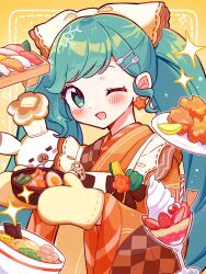  1girl :3 :p animal aoiyui apron aqua_eyes aqua_hair blush blush_stickers bow bowl chef_hat cherry commentary_request cup earrings fish_(food) flower_earrings food food-themed_hair_ornament fruit hair_ornament hat hatsune_miku highres holding holding_bowl ice_cream japanese_clothes jewelry kimono lemon lemon_slice long_hair nigirizushi noodles nori_(seaweed) official_alternate_costume official_alternate_hairstyle one_eye_closed open_mouth orange_background orange_kimono oven_mitts plate rabbit_yukine ramen shrimp snowflakes softboiled_egg sparkle strawberry sushi swept_bangs tofu tongue tongue_out vocaloid wafer wafer_stick whipped_cream white_apron white_bow yuki_miku yuki_miku_(2014) 