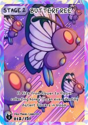  antennae artist_name border butterfree card_(medium) character_name charburst clothed_pokemon clouds english_text fang flying from_side full_body insect_wings motion_lines multicolored_border no_humans numbered pokemon pokemon_(anime) pokemon_(classic_anime) pokemon_(creature) pokemon_card pokemon_focus pokemon_tcg scarf sky sparkle wings yellow_scarf 