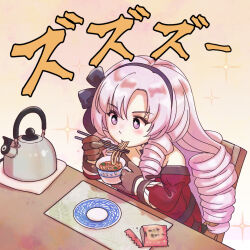  +_+ 1girl acea4 brown_gloves chair chopsticks commentary_request cup drill_hair eating food gloves hairband holding holding_chopsticks holding_cup hyakumantenbara_salome kettle nijisanji noodles off-shoulder_sweater off_shoulder pinky_out plate purple_hair purple_hairband ramen sitting solo sparkle sweater teacup upper_body violet_eyes virtual_youtuber 