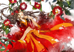  1girl 2016 black_hair camellia chinese_clothes closed_mouth commentary_request eyeshadow flower flower_on_head hanfu highres kei_shu long_hair makeup orange_ribbon original red_eyeshadow red_flower red_hanfu ribbon snow solo 