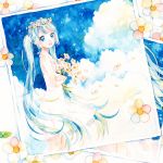  blue_eyes blue_hair cloud clouds dress flower hatsune_miku head_wreath imoi_(pixiv55719) long_hair looking_at_viewer open_mouth photo_(object) sky solo twintails very_long_hair vocaloid 