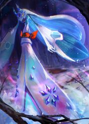  aurora blue_eyes blue_sclera colored_sclera commentary euphythefox from_below froslass highres horns ice ice_horns looking_at_viewer looking_down mega_froslass mega_pokemon no_humans pokemon pokemon_(creature) pokemon_focus sky solo yellow_sclera 