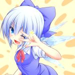  :d blue_eyes blue_hair cirno highres ice ice_wings open_mouth smile solo star touhou v wakagi_repa wings wink 