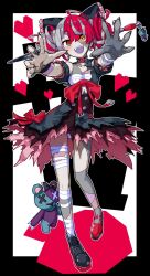  1girl ahoge asymmetrical_footwear bandaged_leg bandages black_nails bow chest_sarashi colored_skin commentary_request double_bun dress grey_skin hair_bow hair_bun heart heterochromia hololive hololive_indonesia kureiji_ollie kureiji_ollie_(1st_costume) mismatched_footwear munehiro_(mune-hero) patchwork_skin red_hair sarashi sword symbol-shaped_pupils torn_clothes torn_dress udin_(kureiji_ollie) virtual_youtuber weapon 