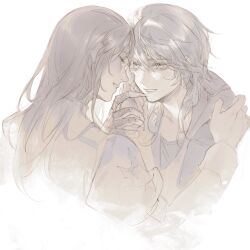  2girls alternate_universe claws closed_eyes collarbone couple devil_may_cry_(series) dress from_side genderswap genderswap_(mtf) hair_between_eyes hand_on_another's_cheek hand_on_another's_face hand_on_another's_hand happy heads_together highres hood hood_down jacket kyrie_(devil_may_cry) leaning_forward long_hair long_sleeves monochrome multiple_girls nero_(devil_may_cry) puffy_long_sleeves puffy_sleeves smile sukly teeth transformation upper_body yuri 