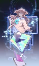  1girl :o absurdres ahoge aqua_bow aqua_bowtie asymmetrical_legwear black_socks blue_background blue_eyes blue_sailor_collar blue_skirt bow bowtie brown_hair buttons cardigan cellphone commentary computer curled_fingers distortion error_message floating_clothes floating_hair glitch gradient_background grey_background hair_between_eyes hair_ornament hair_ribbon heart heart_hair_ornament highres hokushuu laptop light_particles long_hair long_sleeves miniskirt monitor neuro-sama parted_lips phone pleated_skirt pocket red_ribbon ribbon sailor_collar screen shade skirt smartphone socks solo symbol-only_commentary tablet_pc through_medium through_screen two_side_up uneven_legwear vedal_ai virtual_youtuber wide-eyed yellow_cardigan 