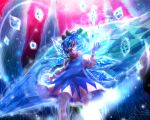  ameya_nihachi blue_eyes blue_hair cirno dress grin ice ice_wings smile solo touhou wings 