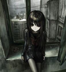  1girl arms_at_sides ashtray black_eyes black_hair black_sailor_collar black_serafuku black_skirt bow bowtie cigarette city cowboy_shot day expressionless gd783hhh grey_pantyhose hair_over_one_eye indoors long_hair long_sleeves looking_at_viewer miniskirt on_windowsill open_window original pantyhose power_lines red_bow red_bowtie sailor_collar school_uniform serafuku sitting skirt solo window windowsill 