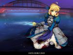  1girl 716716_(artist) ahoge armor armored_dress blonde_hair blood blood_on_face blue_eyes bridge dress excalibur fate/zero fate_(series) gauntlets hair_ribbon invisible_air ribbon saber solo sword water weapon 