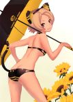  absurdres animal_ears ass bangs bare_shoulders bikini black_bikini blonde_hair breasts butt_crack fake_animal_ears flower hairband hand_on_hip highres hips leaning_forward looking_at_viewer looking_back nagi_ryou original parted_bangs red_eyes short_hair sideboob smile solo sunflower swimsuit tail tiger_ears tiger_tail umbrella 