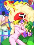  1girl 3boys ai-chan alex android baton black_hair blonde_hair blue_eyes bodysuit capcom crossover dougi facepaint fingerless_gloves frogcage gloves green_eyes headband helmet kote long_hair mask multiple_boys muscle ribbon ryuu_(street_fighter) scar short_hair sleeveless street_fighter street_fighter_iii tatsunoko_vs_capcom time_bokan_(series) topless yatterman zero_(rockman) 