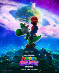  1boy artist_request blue_overalls boots brown_boots brown_hair castle commentary copyright_logo dinosaur english_commentary gloves hat highres key_visual logo mario movie_poster_(medium) official_art overalls planet promotional_art red_hat red_shirt riding scales second-party_source shirt sitting sky spacecraft star_(sky) super_mario_bros. tail the_super_mario_galaxy_movie white_gloves yoshi 