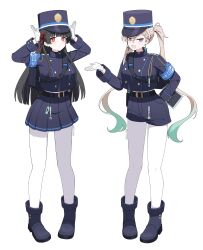  2girls :< :d absurdres alternate_costume alternate_hairstyle ankle_boots aqua_hair ariza_dhika armband belt belt_buckle black_bag black_belt black_boots black_hair black_hat black_jacket black_shorts black_skirt blonde_hair blue_archive blue_armband blunt_bangs blunt_ends boots braid braided_bangs bright_pupils buckle buttoned_cuffs buttons chisa_(wuthering_waves) closed_mouth commentary cosplay double-breasted ear_piercing earrings fang full_body gloves gradient_hair hair_between_eyes hair_ribbon hand_on_own_hip hat highres hikari_(blue_archive) hikari_(blue_archive)_(cosplay) hime_cut jacket jewelry kepi long_hair long_sleeves looking_at_viewer lynae_(wuthering_waves) military_hat military_uniform miniskirt multicolored_hair multiple_girls multiple_piercings nozomi_(blue_archive) nozomi_(blue_archive)_(cosplay) pantyhose piercing pigeon-toed pleated_skirt pose_imitation rabbit_pose red_eyes red_ribbon ribbon short_shorts shorts shoulder_belt shoulder_boards simple_background skin_fang skirt skirt_set sleeve_cuffs smile standing tareme tsurime twintails two-tone_hair v-shaped_eyebrows very_long_hair violet_eyes white_background white_gloves white_pantyhose white_pupils wuthering_waves 